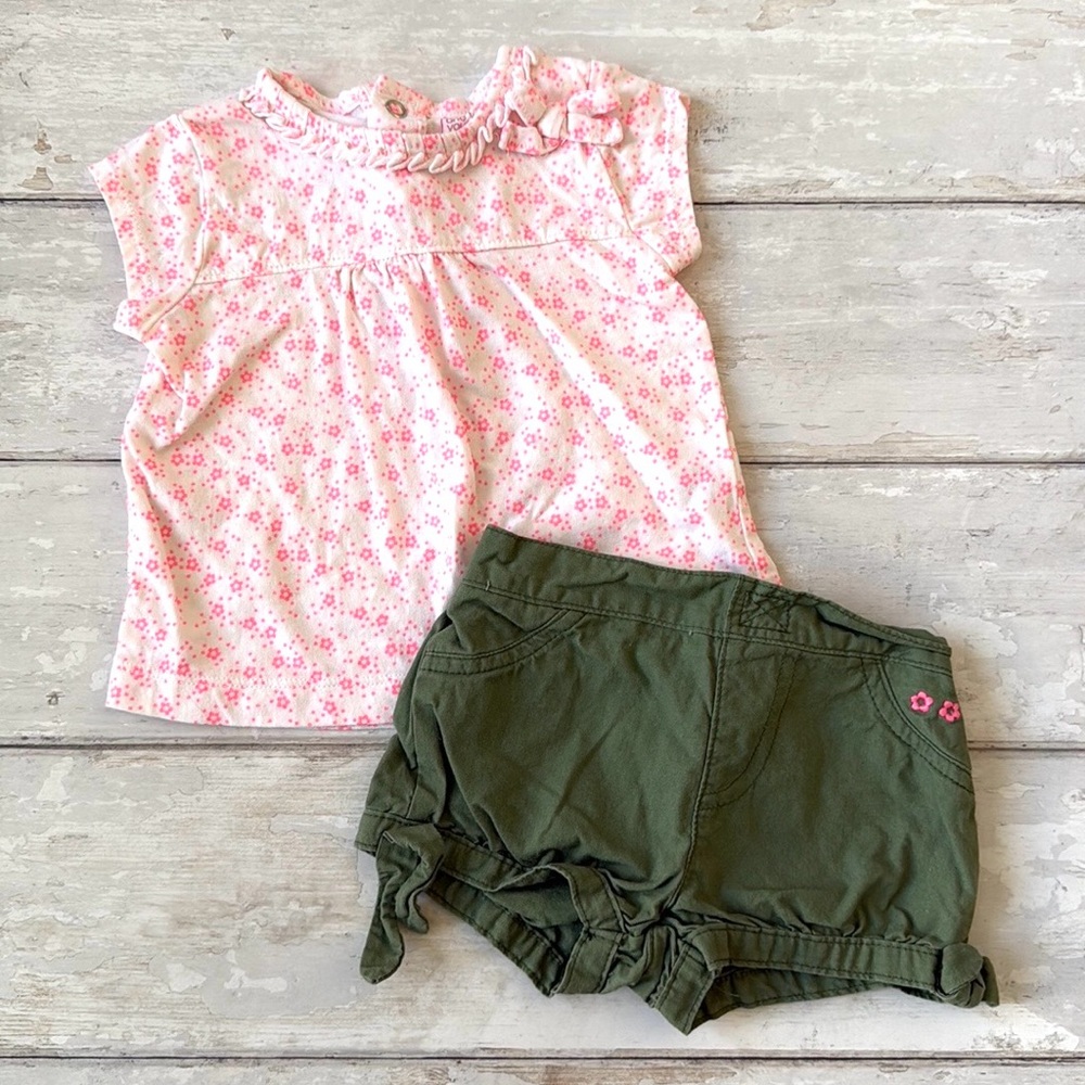 Carters 9m Baby Girl Summer Shorts Outfit Olive Green Hot Pink Flower Shirt